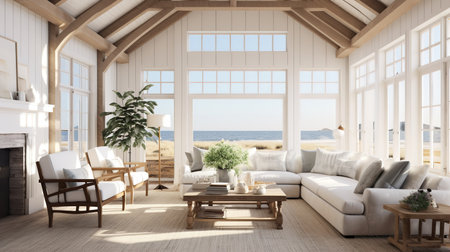 Coastal Farmhouse Fusion: Serene Living Room with Beachy and Rustic Elementsの素材