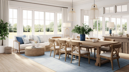 Coastal Farmhouse Fusion: Serene Living Room with Beachy and Rustic Elementsの素材