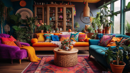 Bohemian Bliss: Colorful and Eclectic Living Room with Global Inspirationsの素材