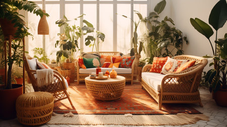 Worldly Charm: Global Nomad Living Room with Cultured Decor and Artifactsの素材