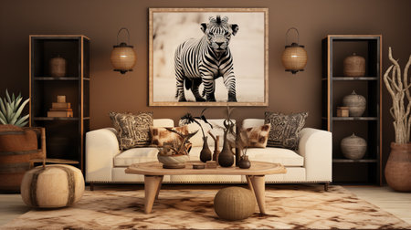 Worldly Charm: Global Nomad Living Room with Cultured Decor and Artifactsの素材