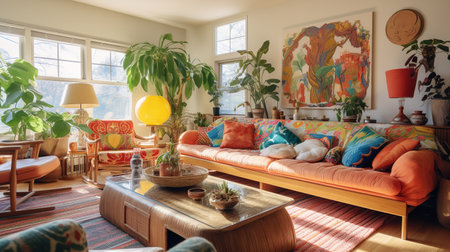 Eclectic Boho-Chic: Artistic Living Room with Various Textures and Colorsの素材