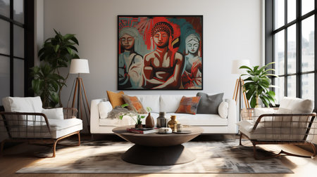 Worldly Charm: Global Nomad Living Room with Cultured Decor and Artifactsの素材