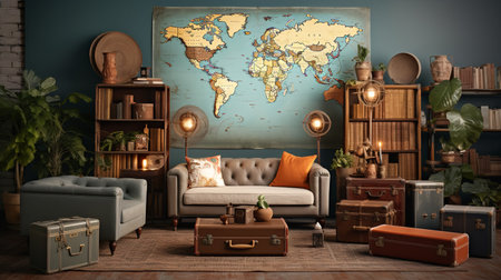 Worldly Charm: Global Nomad Living Room with Cultured Decor and Artifactsの素材