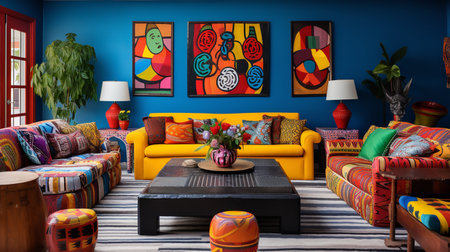 Worldly Charm: Global Nomad Living Room with Cultured Decor and Artifactsの素材