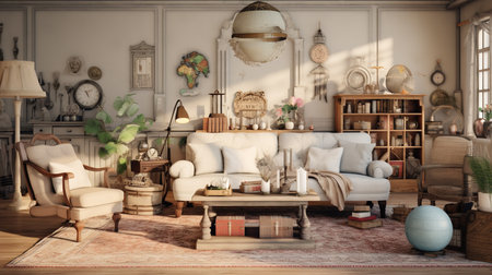 Worldly Charm: Global Nomad Living Room with Cultured Decor and Artifactsの素材