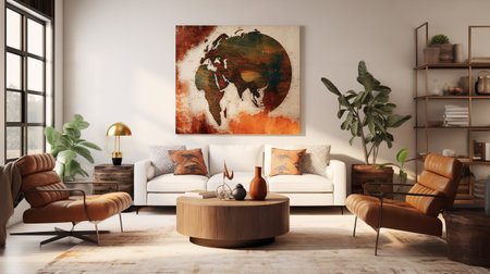 Worldly Charm: Global Nomad Living Room with Cultured Decor and Artifactsの素材