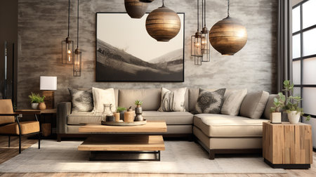 Urban Rusticity: Industrial Rustic Living Room with Raw Edges and Warmthの素材