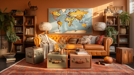 Worldly Charm: Global Nomad Living Room with Cultured Decor and Artifactsの素材