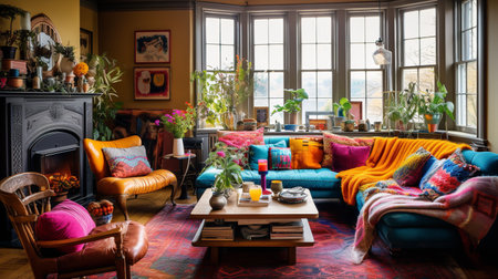 Eclectic Boho-Chic: Artistic Living Room with Various Textures and Colorsの素材