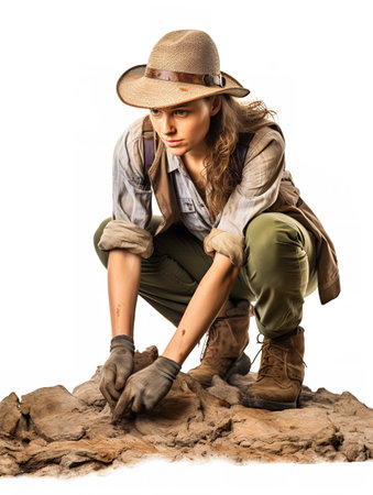 Dedicated Female Archaeologist at Site, AI Generatedの素材
