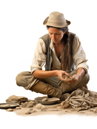 Dedicated Female Archaeologist at Site, AI Generatedの素材