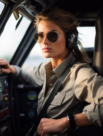 Confident Female Pilot at Controls, AI Generatedの素材