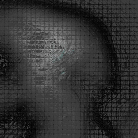 Digital illustration of a human head in black and white with a mesh patternのイラスト素材