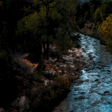 River in the forest. Computer generated illustration, 3D rendering.のイラスト素材
