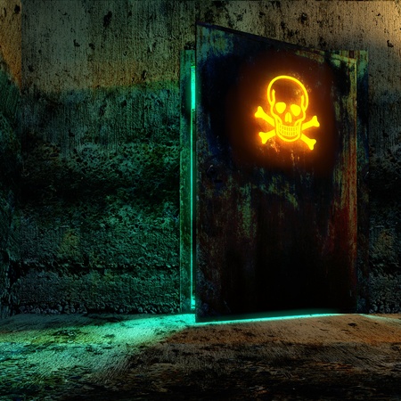Secret room in old bunker. Open the door with danger signの写真素材