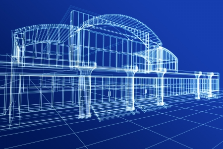 Abstract 3D sketch of office building on blueの写真素材