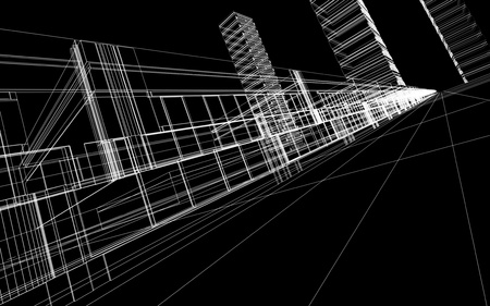 Abstract 3D wireframe of office buildings. Concept - modern city architecture and design.