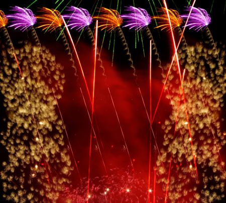 Composed from 6 fireworks. Red, Orange, Violet, Yellow fire. Red smoke.