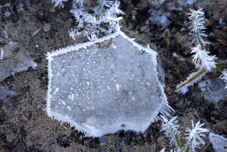 Iced tiny window. Lays on the groundの写真素材