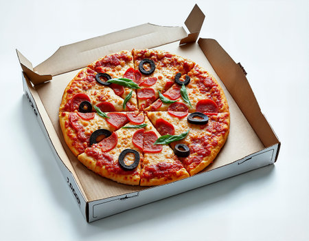 A freshly baked pizza with red sauce, black olives, and pepperoni sits in a cardboard box on a white surface. The pizza has a golden brown crust and is cut into eight slices.の素材