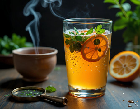 A tall glass of orange juice with mint and orange slice garnish, accompanied by a lemon wedge, wooden bowl, and sprig of rosemary, sits on a wooden table.の素材