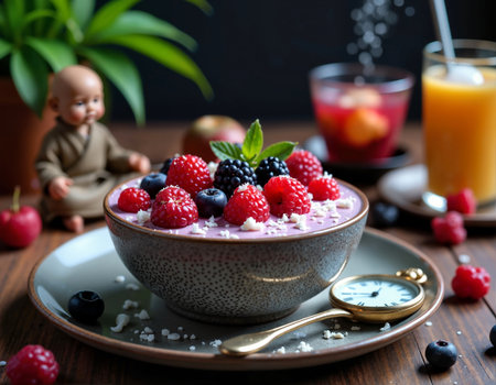 A bowl of mixed berries, garnished with a mint leaf and crumbled cheese, sits on a wooden table with a gold pocket watch, accompanied by a glass of orange juice, a potted plant, and a small figurine.の素材