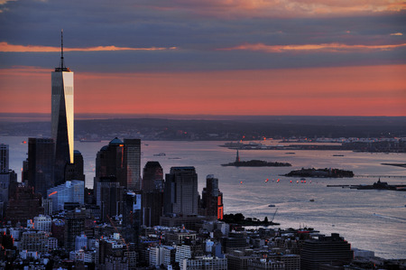 aerial view of New York skyline under dusk sunlight