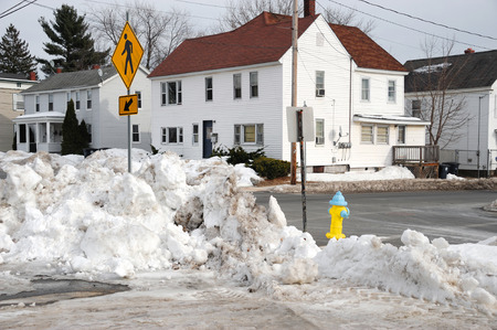 winter street scene in town after snowの写真素材