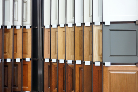 wood cabinet door samples in market in a rowの写真素材