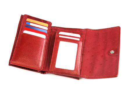 close up on red leather wallet isolated on white background