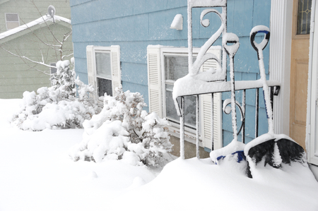 close up on front of the house after snowの写真素材