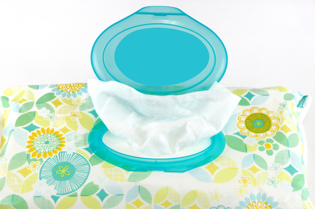 close up on baby wipes in package box