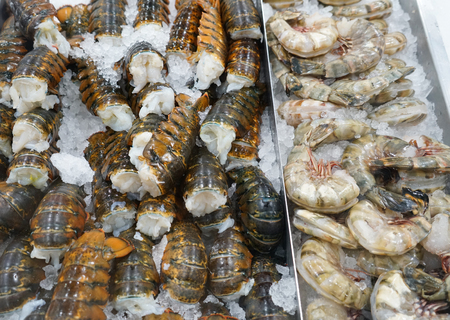Raw lobster tail and shrimp frozen on the ice for saleの写真素材