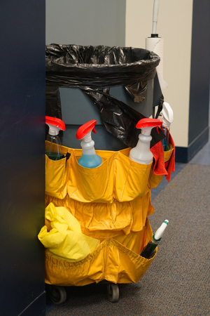 Office cleaning work tool and garbage binの写真素材