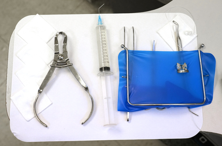 Close up on dental tools on the tableの写真素材