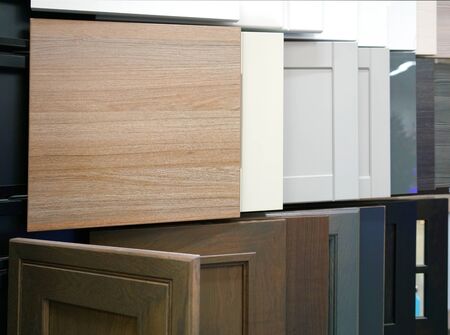 wood cabinet door samples in market in a rowの写真素材