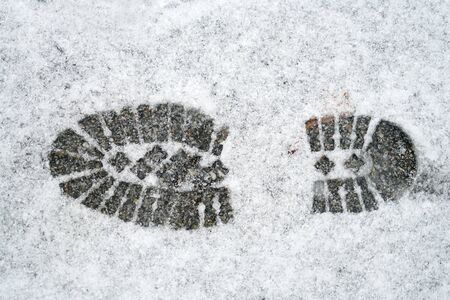 single boot footprint on the white snowの写真素材