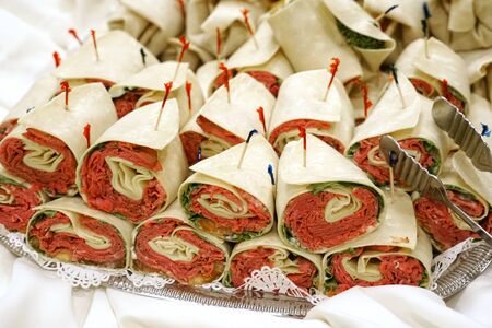 close up on wrap sandwich in the platter in banquetの写真素材