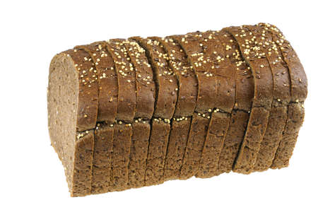 close up on dark whole grain sliced bread on white backgroundの写真素材