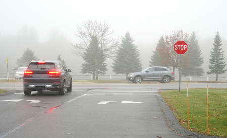 street crossing in the foggy dayの写真素材