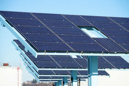 close up on solar panels in a row in the solar stationの写真素材