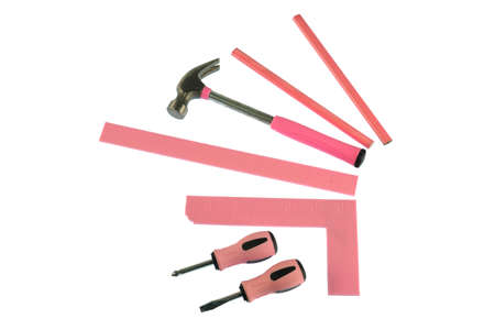pink working tools isolated on white backgroundの写真素材