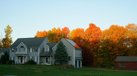 residential house with sunlight on autumn woods in backyardの写真素材