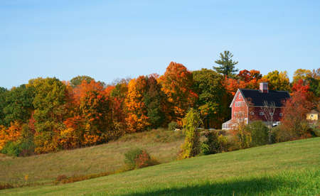 farm house and autumn farmland with colorful treesの写真素材