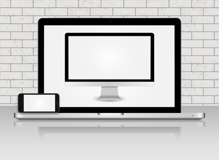 Realistic PC monitor smartphone and laptop. Workplace, office work environment. Monitor, laptop, smartphone. Can Use for Template Presentation. Gadget Mock Up. Vector Illustration. - stock vector.のイラスト素材