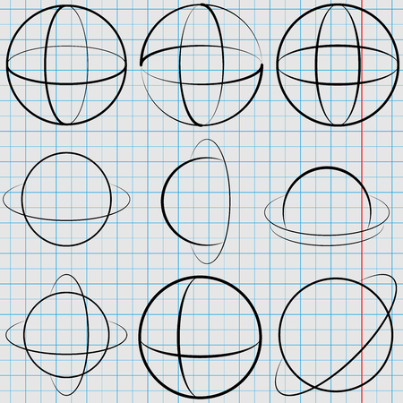 Geometric oval shapes in the form of a globe, flat design on a retro notebook background in a box. Vector illustrationのイラスト素材