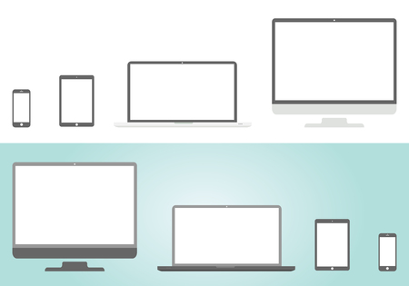 Device style apple icons: smartphone, tablet, laptop and desktop computer. Flat designのイラスト素材