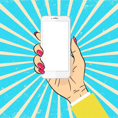 Female hand in yellow jacket with phone pop art vector illustration. Imitation of the style of comics. Colorful background - illustration.のイラスト素材