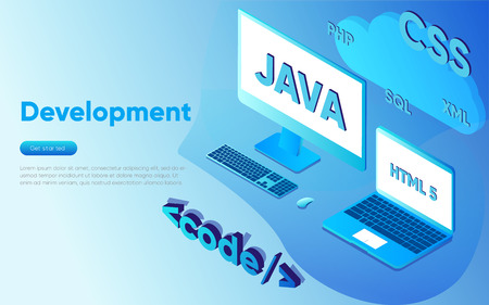 Web Development concept, programming and coding. Laptop with virtual screens and cloud code on blue background. Isometric vector illustrationのイラスト素材